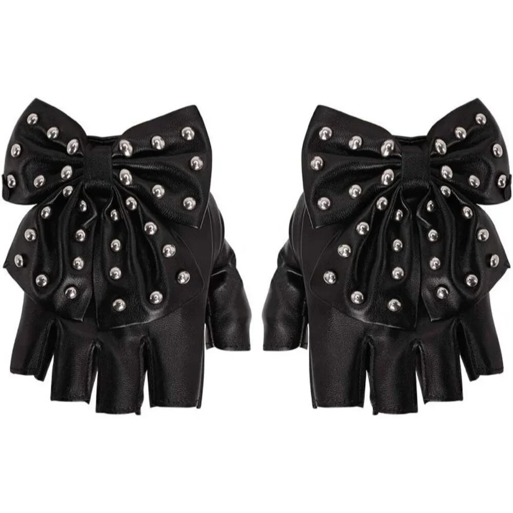 Women's Punk Rock Big Bowknot PU Leather Stage Dance Half Finger Black Gloves
